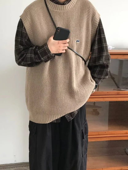 saferido Sweater Vests Men Fashion Leisure Japanese Style Vintage Chic Sleeveless All-match High Street Males Knitting Harajuku Autumn