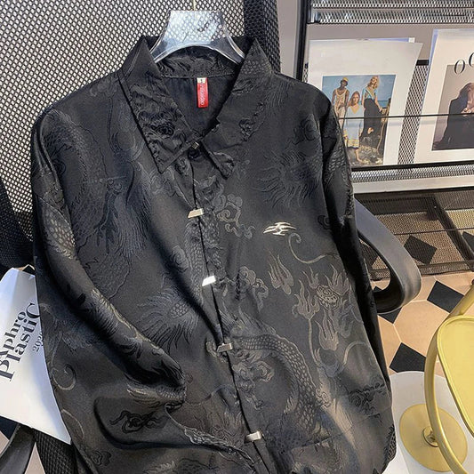 saferido Chinese Style Dragon Totem Printed Shirt for Men 2024 Spring New Fashion Versatile Satin Streetwear Retro Long Sleeve Top Unisex