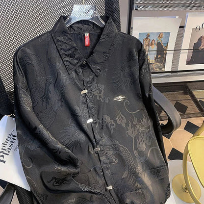 saferido Chinese Style Dragon Totem Printed Shirt for Men 2024 Spring New Fashion Versatile Satin Streetwear Retro Long Sleeve Top Unisex