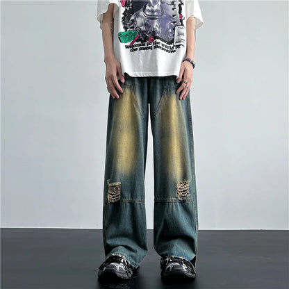 saferido Men's Hip Hop Ripped Hole Jeans Korean Handsome Casual Pants High Street Straight Loose Wide Leg Jeans Vintage Blue Baggy Jeans