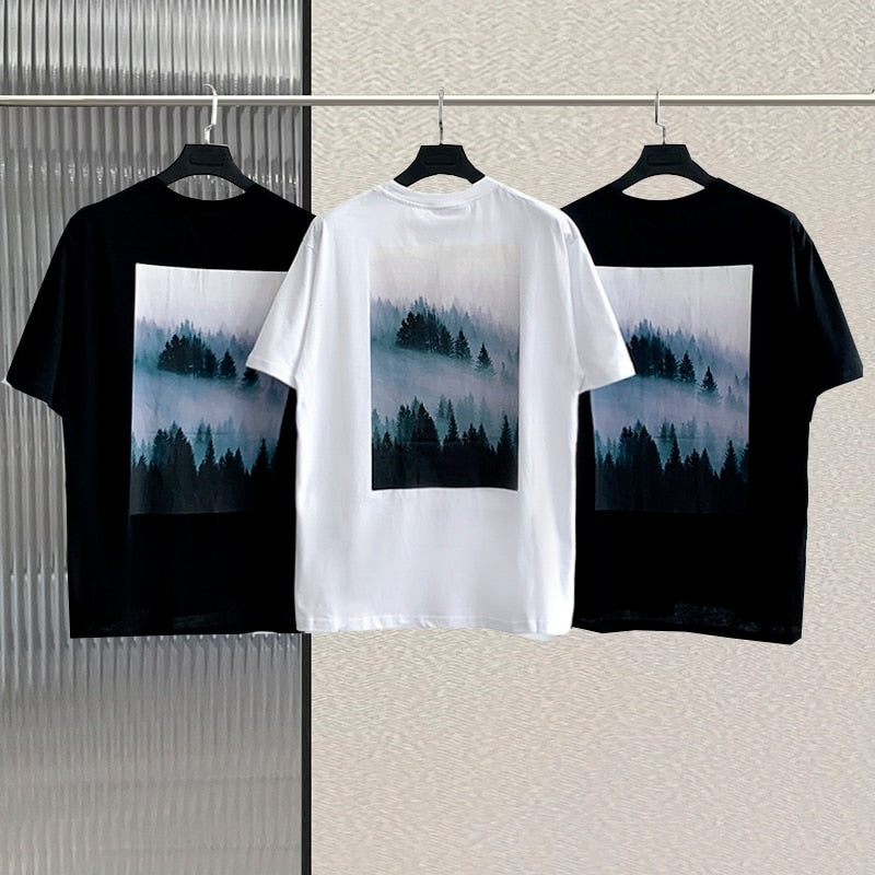 T-Shirts Men's High Street Hip Hop Loose Tees  Oversize Unisex 100% Cotton back landscape print T-Shirt