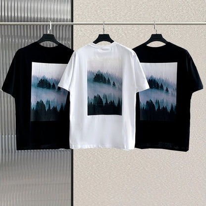T-Shirts Men's High Street Hip Hop Loose Tees  Oversize Unisex 100% Cotton back landscape print T-Shirt