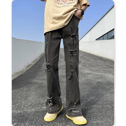 saferido American High Street Vibe Micro Flared Pants Men Stretch Ripped Jeans Loose Fashion Straight Streetwear Fall Guys Black Jean Men