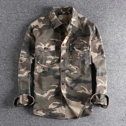 Spring Autumn New Men's Wash Camouflage American Tooling Long-Sleeved Shirt Double Pocket Everything Casual Military Youth
