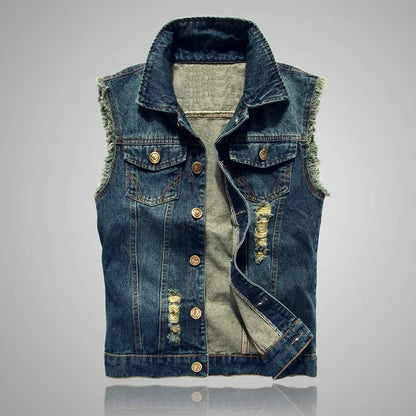 Spring Summmer New Mens Denim Vest Ripped Jean Jacket Coats Waistcoat Men Sleeveless Jacket Male Tank S-Xxl