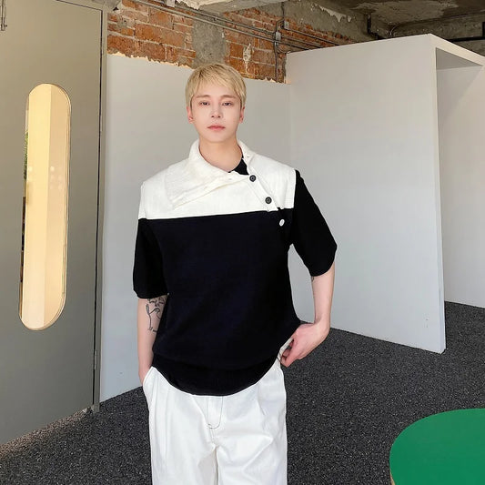 saferido Korea Fashion Streetwear Spring Diagonal Lapel Tank Tops Contrasting Color Men's Women’s Sleeveless Sweater tank top men