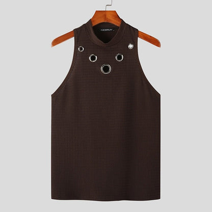 Men Tank Tops Hollow Out Solid Turtleneck Sleeveless Fashion Male Vests Streetwear Summer Casual Men Clothing S-5XL INCERUN