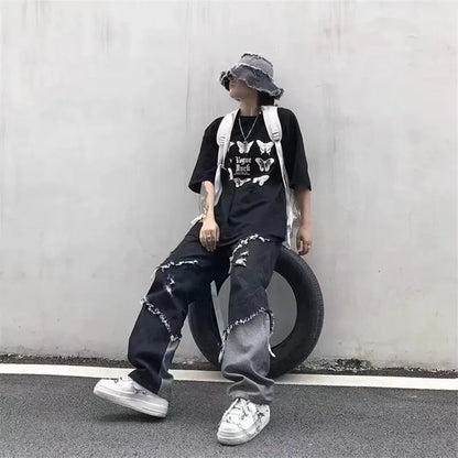 saferido Mens Jeans Pants With Hole Casual Vintage Straight Leg Korean Fashion Streetwear Harajuku Trousers