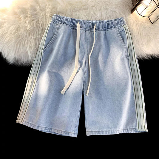 saferido Summer New Men's Denim Shorts Korean Street Loose Casual Shorts Fashion Elastic Waist Stitching Blue Five-point Pants