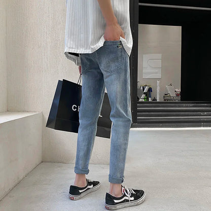 saferido Simple Blue Washed Jeans Men's Casual All-match Fashion Slim Pencil Pants Wear-resistant Spring Summer Stretch Denim Pants Thin