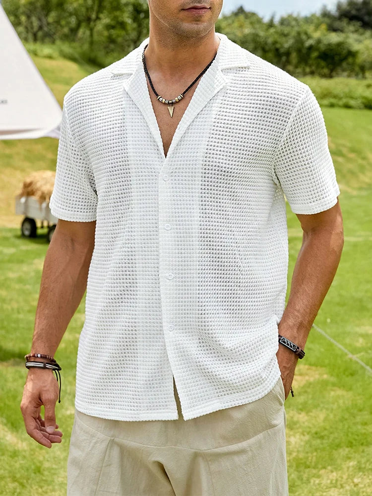 Summer New Casual Shirts For Men Fashion Solid Color Waffle Short Sleeve Shirt Vintage Mens Turn-down Collar Buttoned Shirt