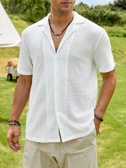Summer New Casual Shirts For Men Fashion Solid Color Waffle Short Sleeve Shirt Vintage Mens Turn-down Collar Buttoned Shirt