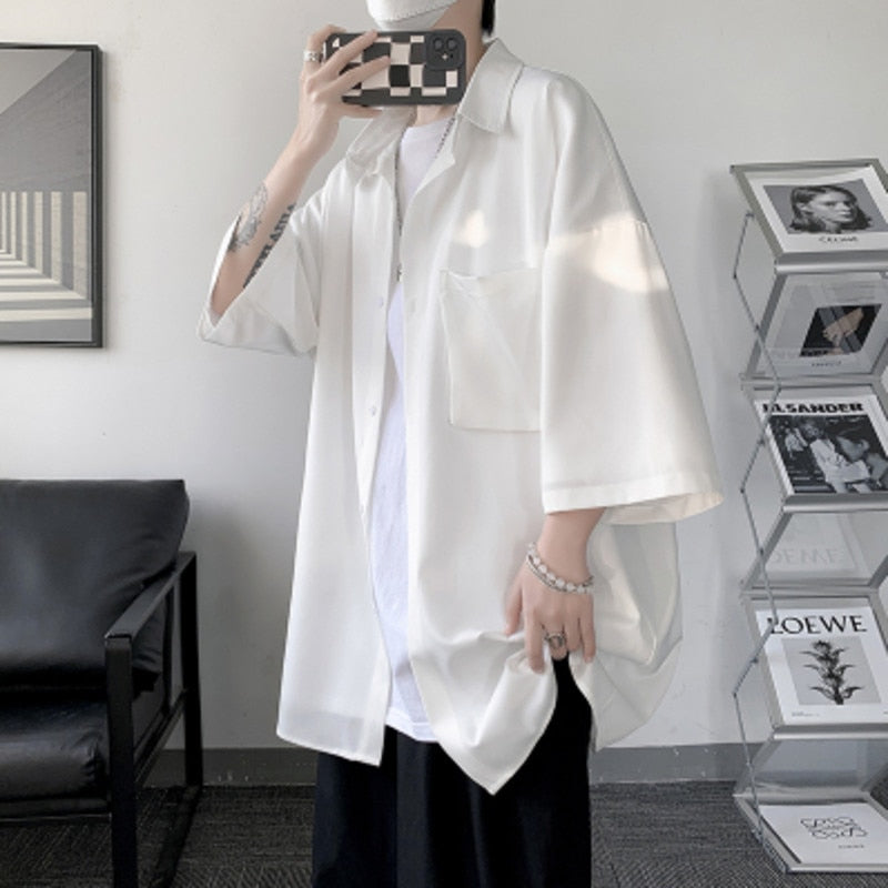 Summer Men Shirt Short Sleeve Solid Color Shirts For Man Vintage Harajuku Casual Oversized Blouses Fashion Men's Clothing