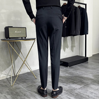 saferido Korean style Fashion Striped Suit Pants for Men Formal Business Dress Pants Korean Slim Fit Classic Casual Trousers 36 38