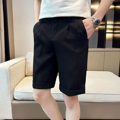 saferido British Style Summer Naples Straight Suit Shorts Men New Slim Fit Business Formal Knee Length Short Pants Hommes Streetwear