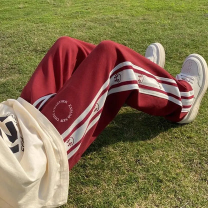 saferido American Vintage Patchwork Contrasting Sports Pants Men's Autumn Print Drawstring Trend Versatile Loose Straight Casual Trousers