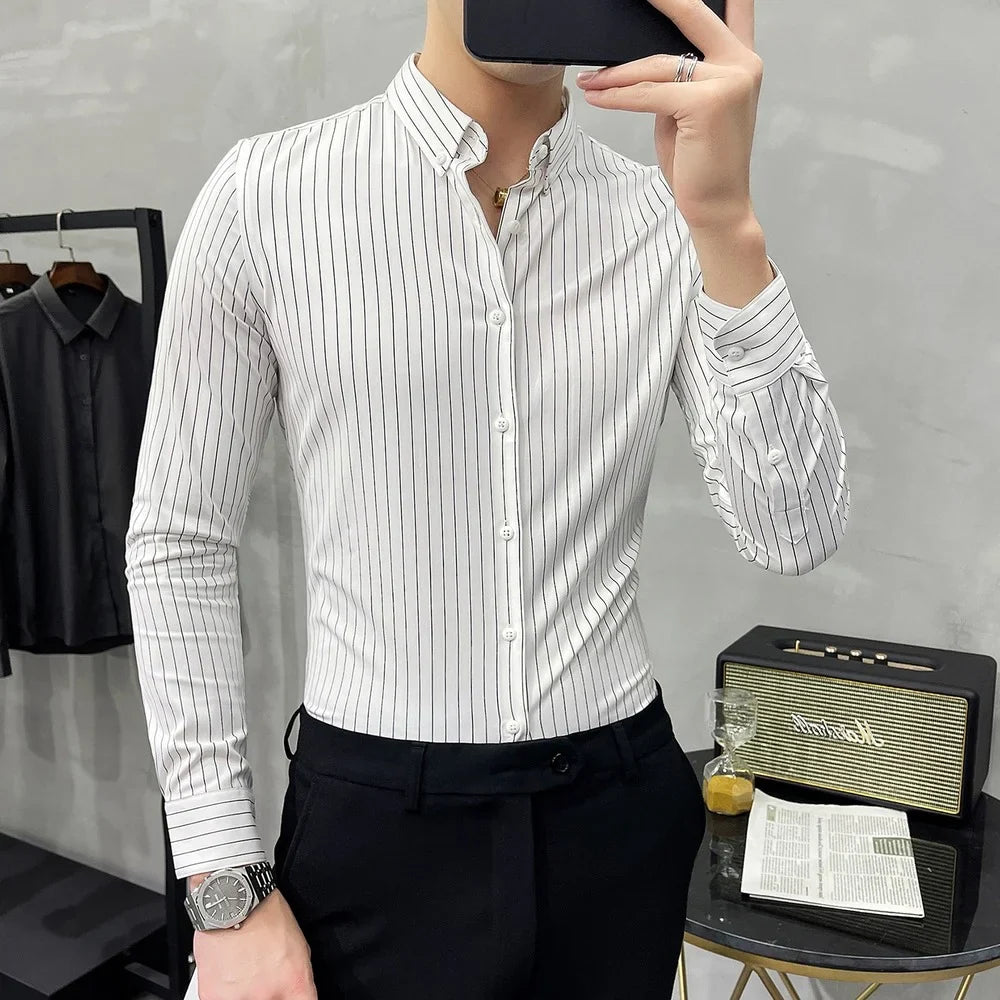 Striped Shirt Mens Spring New British Style Business Casual Long Sleeve Iron-Free Anti-Wrinkle Dress Shirt Mens Clothing