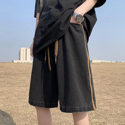 saferido  Side Striped Denim Shorts Men Wide Leg Baggy Drawstring Mid-waist Summer Fitness Handsome Slouchy Knee Length Japanese Style