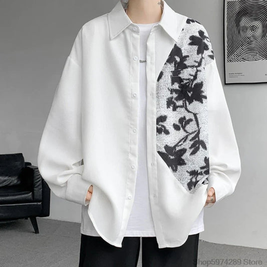 saferido Spring Autumn Long Sleeve Print Shirt Man Black/White High Street Fashion Casual Button Patchwork Harajuku All-match Blouse