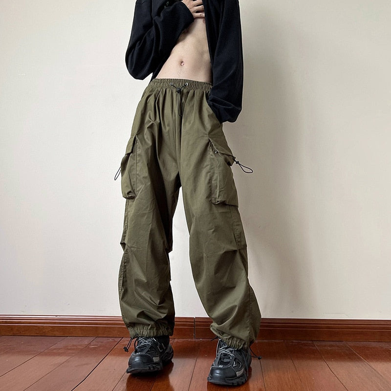 Men Solid Cargo Pants Harajuku Hip Hop Elastic Waist Loose Trousers Streetwear Male Casual Pockets Drawstring Baggy Pants