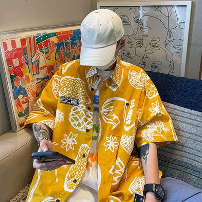 Print Shirts Men Fashion Streetwear Handsome Summer Half Sleeve Turn-down Collar Korean Style Teenagers Popular Youthful Hipster