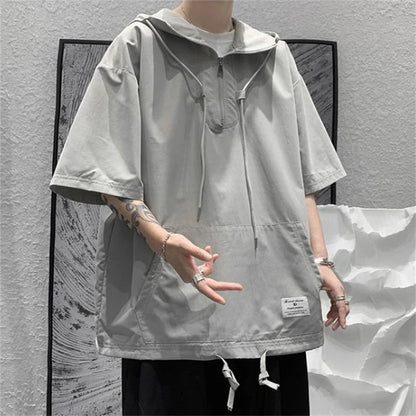 saferido Men's Summer Hoodies Casual T-shirt Solid Color Harajuku Style Hooded Tshirts Male Loose Pullovers