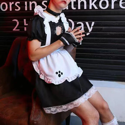 saferido Mens Sexy Cute Dress Suit Genderless Youth Japanese Style Cosplay Lolita Male Maid Maid Headband Neckband Wristband Skirt Suit Unisex