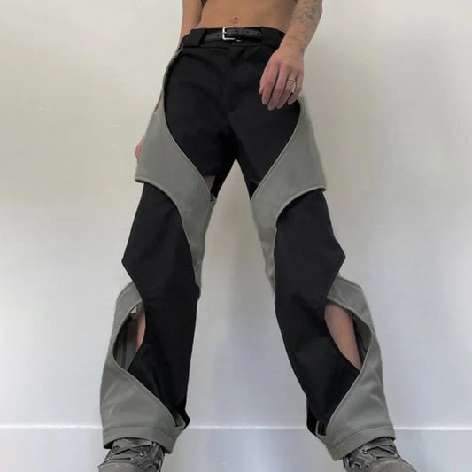 saferido Y2k Techwear Casual Pants Men Hollow Out Baggy Patchwear Trousers Male Streetwear Low Rise Sweatpants Korean Hip Hop