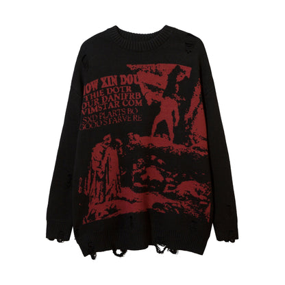 Harajuku Printed Knitwears Women Streetwear Hip Hop Destroyed Hole Ripped Pullovers Jumper Oversized Men