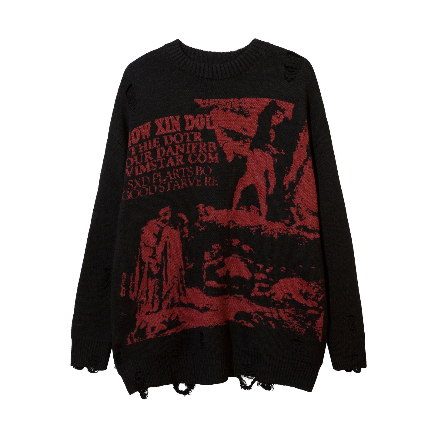 Harajuku Printed Knitwears Women Streetwear Hip Hop Destroyed Hole Ripped Pullovers Jumper Oversized Men
