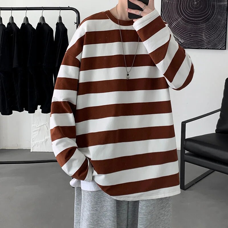 Privathinker Harajuku Striped T shirts For Men Oversized Tees Man Casual Long Sleeve Tshirt Woman Loose Pullovers Tops 5XL