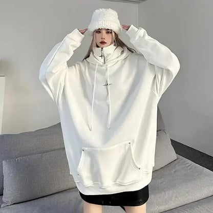 saferido American Style Retro Design Sense Four Pointed Star High Collar Hooded Sweater for Men and Women Trend Winter Thick Top Coat
