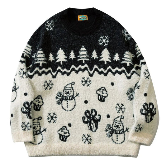 saferido American Cartoon Christmas Knitted Sweaters Vintage Crew Neck Color Matching Pullovers Causal Loosed Fresh Couple Jumpers Winter