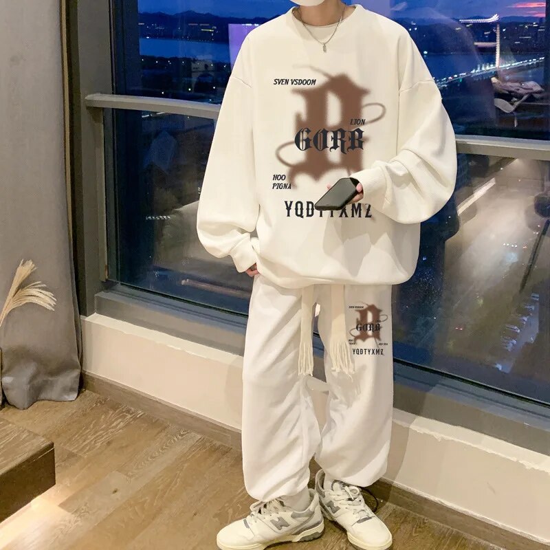 Men's Waffle Casual Suit O-neck Long Sleeve Print Letter Sweatshirts Sweatpants Autumn Tracksuit Plus Size Fashion Two Piece Set