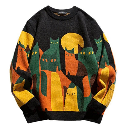 Autumn Harajuku Knitted Sweater Men Women Winter Cartoon Full Cat Print Pullover Vintage Causal Loose Sweaters Streetwear