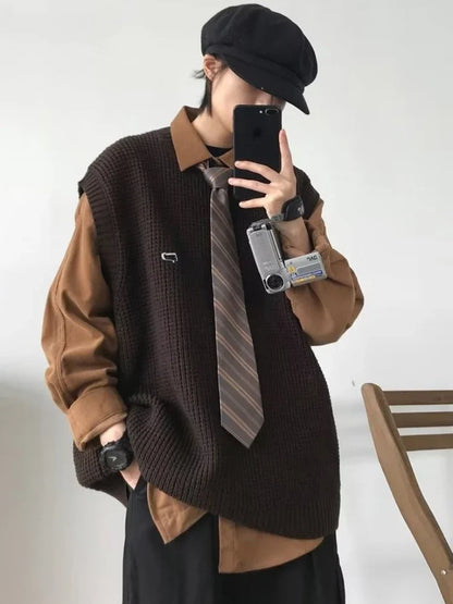 saferido Sweater Vests Men Fashion Leisure Japanese Style Vintage Chic Sleeveless All-match High Street Males Knitting Harajuku Autumn