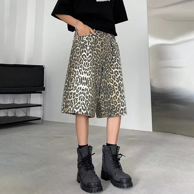 Leopard Print Design Personality Trendy Seven-point Pants Korean Original New Men Fashion Street Men's Shorts LZ3181