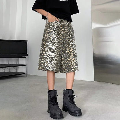Leopard Print Design Personality Trendy Seven-point Pants Korean Original New Men Fashion Street Men's Shorts LZ3181