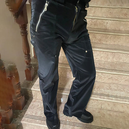 saferido Y2k Mens American Retro Design Punk Street Trousers Fashion High Waist Loose Versatile Split Liquid Leather Pants Unisex