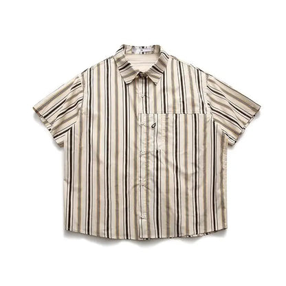 Summer Street Mens Two Piece Set Retro Striped Pocket Shirt+casual Wide Leg Tooling Shorts Sets Japanese College Couple Set