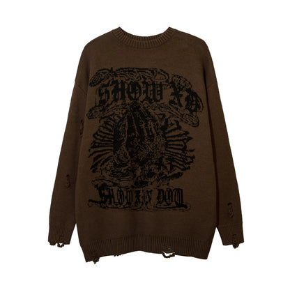 Harajuku Printed Knitwears Women Streetwear Hip Hop Destroyed Hole Ripped Pullovers Jumper Oversized Men