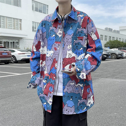 Panda Graffiti Men Casual Shirts Long Sleeve Fashion Oversized Male Cardigan Harajuku Hip Hop Blouses Unisex Clothing