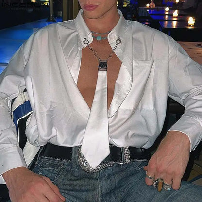 Men Shirt Solid Color Lapel Long Sleeve Chain Tie Streetwear Casual Men Clothing Loose Autumn Fashion Camisas S-5XL