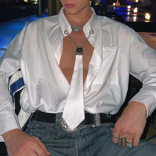 Men Shirt Solid Color Lapel Long Sleeve Chain Tie Streetwear Casual Men Clothing Loose Autumn Fashion Camisas S-5XL