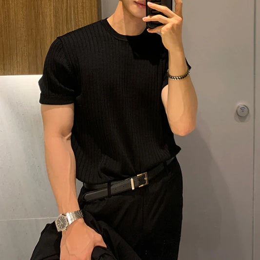 Fashion Simple Solid Color Slim Short Sleeve Ribbed Knit T Shirts Mens Clothes Spring Summer Casual Crew Neck Pullover Tops Men