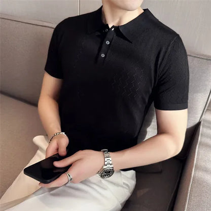 saferido British Style Men's Summer Casual Short-sleeved POLO Shirt/Male Slim Fit High Quality Wavy Striped Knitted Polo Shirt S-3XL