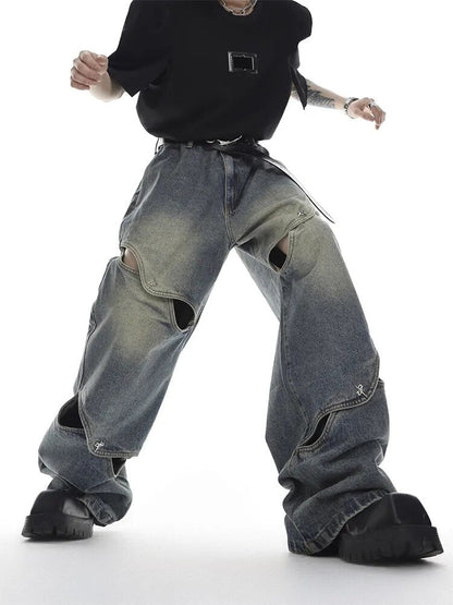 Wide Leg Jeans Pants Men Streetwear Baggy Distressed Denim Trousers Male Oversize Hollow Out Casual Korean Hip Hop