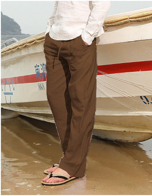 Men's Casual Trousers Home Pants  Man Cotton Linen Large Size white Straight trousers Solid Beach black Fitness Pants