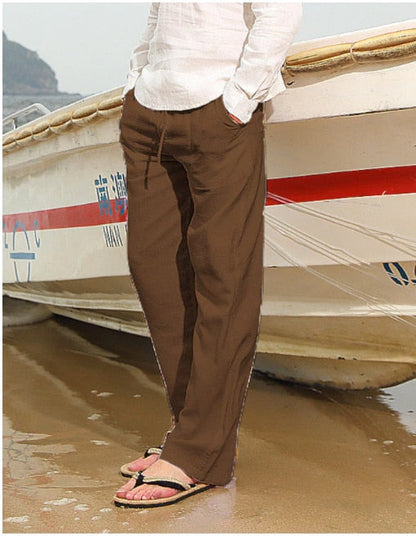 Men's Casual Trousers Home Pants  Man Cotton Linen Large Size white Straight trousers Solid Beach black Fitness Pants