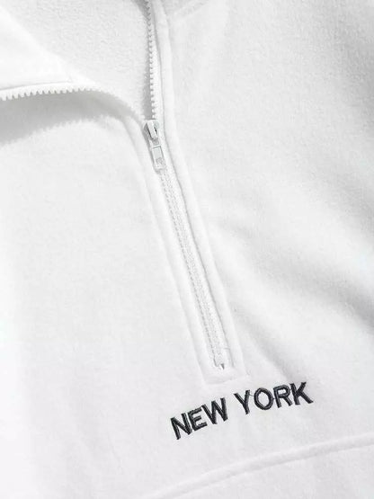 Hoodie for Men Fluffy Polar Fleece Sweatshirts New York Embroidery Turtleneck Hoodies Pullover Color Block Zipper Sweats